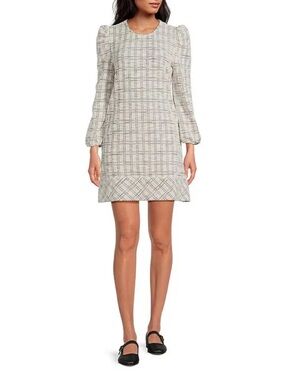 NWT Buru Knit Checker Long Puff Sleeve Shift Mini Dress Sz S